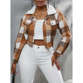 Button Plaid Faux Fur Collar Jacket, Casual Long Sleeve Crop Jacket For Fall & Winter, Women's Clothing