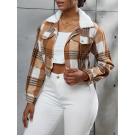Button Plaid Faux Fur Collar Jacket, Casual Long Sleeve Crop Jacket For Fall & Winter, Women's Clothing