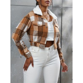 Button Plaid Faux Fur Collar Jacket, Casual Long Sleeve Crop Jacket For Fall & Winter, Women's Clothing