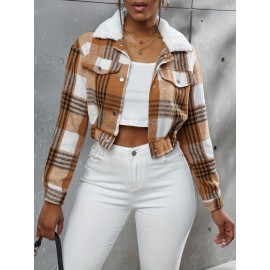 Button Plaid Faux Fur Collar Jacket, Casual Long Sleeve Crop Jacket For Fall & Winter, Women's Clothing