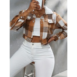Button Plaid Faux Fur Collar Jacket, Casual Long Sleeve Crop Jacket For Fall & Winter, Women's Clothing