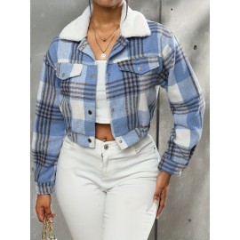 Button Plaid Faux Fur Collar Jacket, Casual Long Sleeve Crop Jacket For Fall & Winter, Women's Clothing