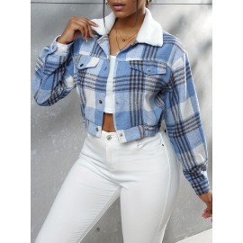 Button Plaid Faux Fur Collar Jacket, Casual Long Sleeve Crop Jacket For Fall & Winter, Women's Clothing