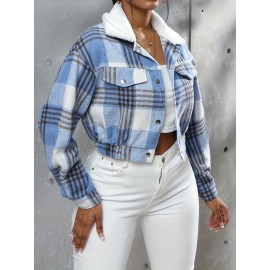 Button Plaid Faux Fur Collar Jacket, Casual Long Sleeve Crop Jacket For Fall & Winter, Women's Clothing