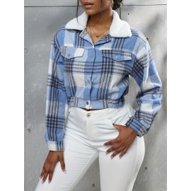 Button Plaid Faux Fur Collar Jacket, Casual Long Sleeve Crop Jacket For Fall & Winter, Women's Clothing