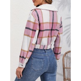 Button Plaid Faux Fur Collar Jacket, Casual Long Sleeve Crop Jacket For Fall & Winter, Women's Clothing