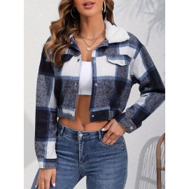 Button Plaid Faux Fur Collar Jacket, Casual Long Sleeve Crop Jacket For Fall & Winter, Women's Clothing
