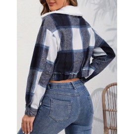 Button Plaid Faux Fur Collar Jacket, Casual Long Sleeve Crop Jacket For Fall & Winter, Women's Clothing