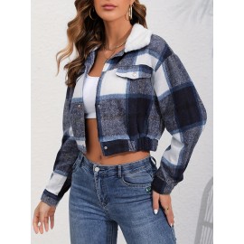 Button Plaid Faux Fur Collar Jacket, Casual Long Sleeve Crop Jacket For Fall & Winter, Women's Clothing