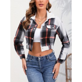 Button Plaid Faux Fur Collar Jacket, Casual Long Sleeve Crop Jacket For Fall & Winter, Women's Clothing