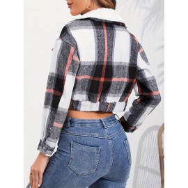 Button Plaid Faux Fur Collar Jacket, Casual Long Sleeve Crop Jacket For Fall & Winter, Women's Clothing