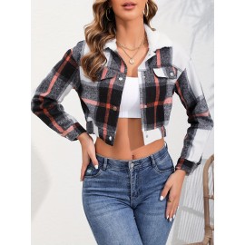Button Plaid Faux Fur Collar Jacket, Casual Long Sleeve Crop Jacket For Fall & Winter, Women's Clothing