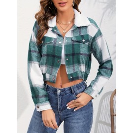 Button Plaid Faux Fur Collar Jacket, Casual Long Sleeve Crop Jacket For Fall & Winter, Women's Clothing