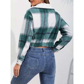 Button Plaid Faux Fur Collar Jacket, Casual Long Sleeve Crop Jacket For Fall & Winter, Women's Clothing