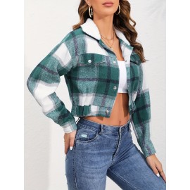 Button Plaid Faux Fur Collar Jacket, Casual Long Sleeve Crop Jacket For Fall & Winter, Women's Clothing