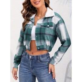 Button Plaid Faux Fur Collar Jacket, Casual Long Sleeve Crop Jacket For Fall & Winter, Women's Clothing