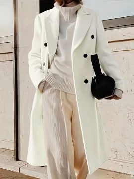 Stylish Double-Breasted Lapel Overcoat - Warm Winter & Fall Essential, Long Sleeve Casual Coat with Classic Design, Soft Fabric, and Comfortable Fit - Women's Clothing for Everyday Wear