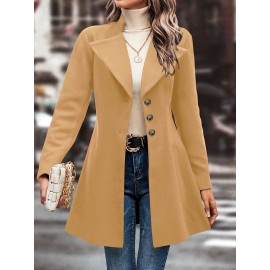 Classic Single Button Lapel Long Sleeve Solid Color Polyester Knit Overcoat - Elegant Winter Outwear with Micro Elasticity and Versatile Style - Perfect for Womens Formal Occasions