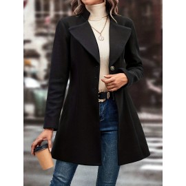 Classic Single Button Lapel Long Sleeve Solid Color Polyester Knit Overcoat - Elegant Winter Outwear with Micro Elasticity and Versatile Style - Perfect for Womens Formal Occasions