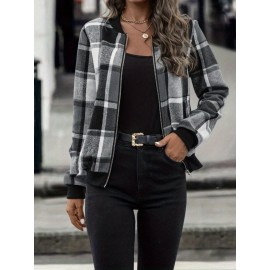 Stylish Plaid Print Bomber Jacket - Water-Resistant, Casual, Zip-Up, Long Sleeve, Outerwear for Women - Perfect for Daily Wear, Dating, and Outdoor Activities