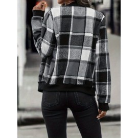Stylish Plaid Print Bomber Jacket - Water-Resistant, Casual, Zip-Up, Long Sleeve, Outerwear for Women - Perfect for Daily Wear, Dating, and Outdoor Activities