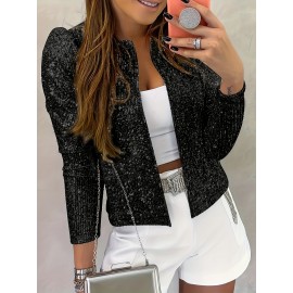 Elegant Casual Bomber Jacket - Chic Women's Long Sleeve Crew Neck, Solid Knit Outerwear for Spring/Fall