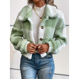 Chic Plaid Teddy Coat - Warm Button-Front Design with Insulated Long Sleeves - Fashion-Forward Winter Thermal Outwear for Women