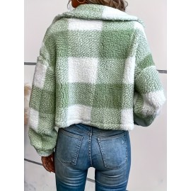 Chic Plaid Teddy Coat - Warm Button-Front Design with Insulated Long Sleeves - Fashion-Forward Winter Thermal Outwear for Women