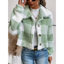 Chic Plaid Teddy Coat - Warm Button-Front Design with Insulated Long Sleeves - Fashion-Forward Winter Thermal Outwear for Women