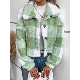 Chic Plaid Teddy Coat - Warm Button-Front Design with Insulated Long Sleeves - Fashion-Forward Winter Thermal Outwear for Women