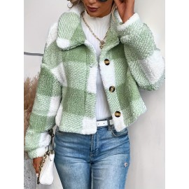Chic Plaid Teddy Coat - Warm Button-Front Design with Insulated Long Sleeves - Fashion-Forward Winter Thermal Outwear for Women