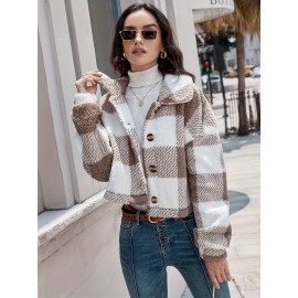 Chic Plaid Teddy Coat - Warm Button-Front Design with Insulated Long Sleeves - Fashion-Forward Winter Thermal Outwear for Women