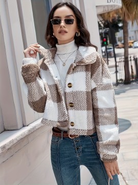 Chic Plaid Teddy Coat - Warm Button-Front Design with Insulated Long Sleeves - Fashion-Forward Winter Thermal Outwear for Women