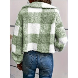 Chic Plaid Teddy Coat - Warm Button-Front Design with Insulated Long Sleeves - Fashion-Forward Winter Thermal Outwear for Women