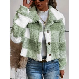 Chic Plaid Teddy Coat - Warm Button-Front Design with Insulated Long Sleeves - Fashion-Forward Winter Thermal Outwear for Women
