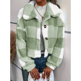 Chic Plaid Teddy Coat - Warm Button-Front Design with Insulated Long Sleeves - Fashion-Forward Winter Thermal Outwear for Women