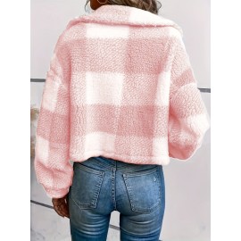 Chic Plaid Teddy Coat - Warm Button-Front Design with Insulated Long Sleeves - Fashion-Forward Winter Thermal Outwear for Women