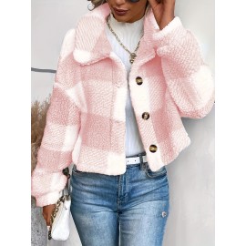 Chic Plaid Teddy Coat - Warm Button-Front Design with Insulated Long Sleeves - Fashion-Forward Winter Thermal Outwear for Women