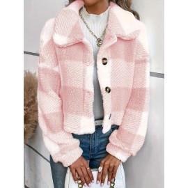Chic Plaid Teddy Coat - Warm Button-Front Design with Insulated Long Sleeves - Fashion-Forward Winter Thermal Outwear for Women