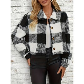 Chic Plaid Teddy Coat - Warm Button-Front Design with Insulated Long Sleeves - Fashion-Forward Winter Thermal Outwear for Women