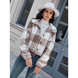 Chic Plaid Teddy Coat - Warm Button-Front Design with Insulated Long Sleeves - Fashion-Forward Winter Thermal Outwear for Women