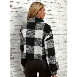 Chic Plaid Teddy Coat - Warm Button-Front Design with Insulated Long Sleeves - Fashion-Forward Winter Thermal Outwear for Women