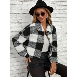 Chic Plaid Teddy Coat - Warm Button-Front Design with Insulated Long Sleeves - Fashion-Forward Winter Thermal Outwear for Women