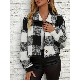Chic Plaid Teddy Coat - Warm Button-Front Design with Insulated Long Sleeves - Fashion-Forward Winter Thermal Outwear for Women