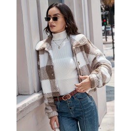 Chic Plaid Teddy Coat - Warm Button-Front Design with Insulated Long Sleeves - Fashion-Forward Winter Thermal Outwear for Women
