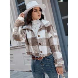 Chic Plaid Teddy Coat - Warm Button-Front Design with Insulated Long Sleeves - Fashion-Forward Winter Thermal Outwear for Women