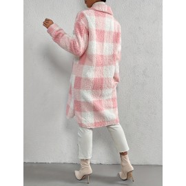 Womens Elegant Plaid Faux Fur Long Sleeve Teddy Coat - Soft Polyester Knit Fabric, Button Front, No Elasticity, Fall/Winter Outerwear for Adult - Chic and Cozy Open Front Design