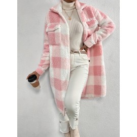 Womens Elegant Plaid Faux Fur Long Sleeve Teddy Coat - Soft Polyester Knit Fabric, Button Front, No Elasticity, Fall/Winter Outerwear for Adult - Chic and Cozy Open Front Design