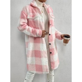 Womens Elegant Plaid Faux Fur Long Sleeve Teddy Coat - Soft Polyester Knit Fabric, Button Front, No Elasticity, Fall/Winter Outerwear for Adult - Chic and Cozy Open Front Design