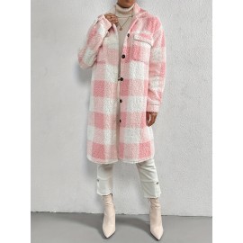 Womens Elegant Plaid Faux Fur Long Sleeve Teddy Coat - Soft Polyester Knit Fabric, Button Front, No Elasticity, Fall/Winter Outerwear for Adult - Chic and Cozy Open Front Design